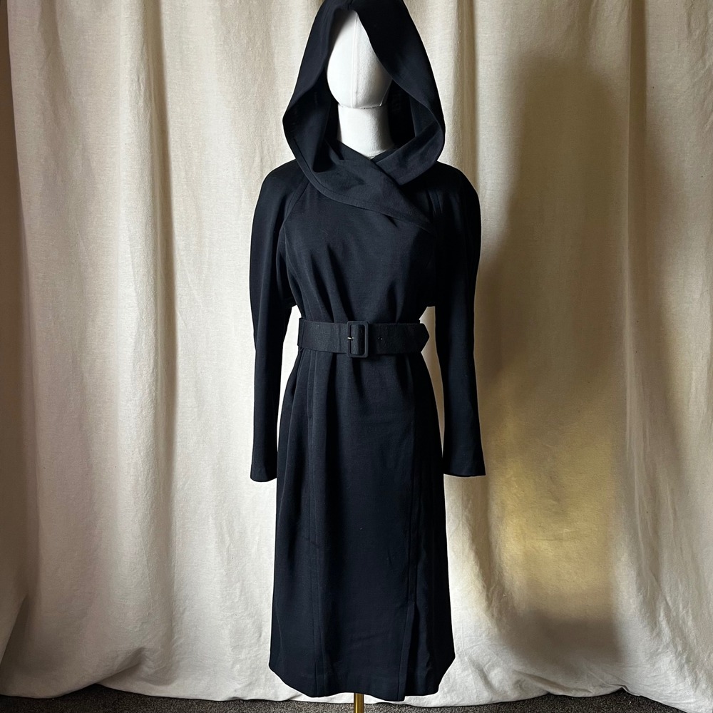 Vintage Gaston Jaunet Paris Hooded Wool Wrap Coat Dress Belted France 38